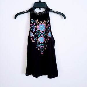 Halter Tank Top W/ Floral Detail